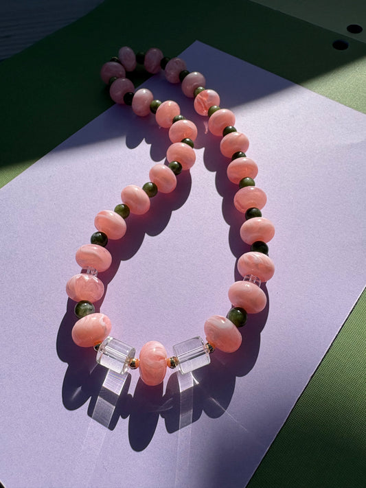 Pink swirls and green Jade necklace