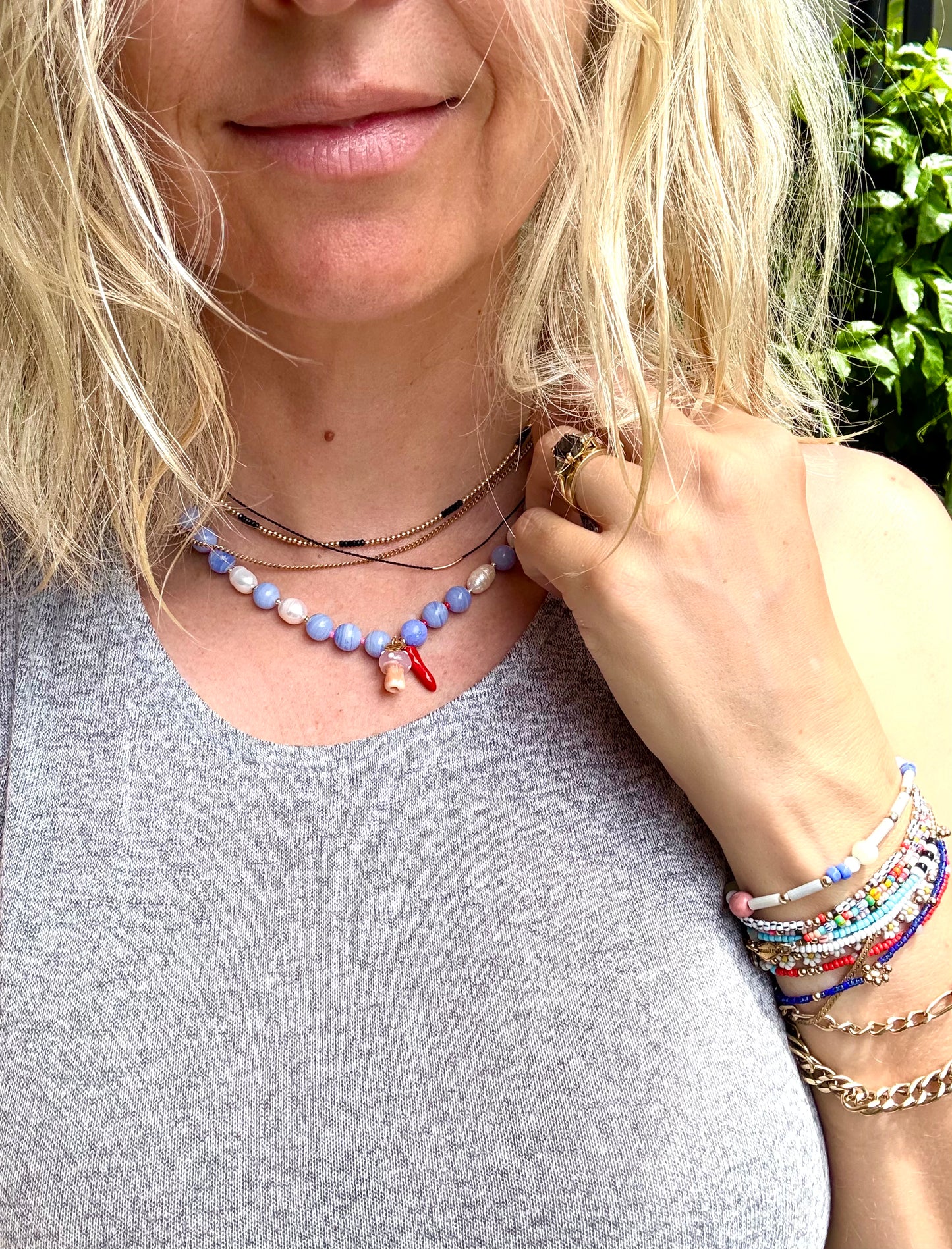 Toadstool + chilli charm blue beaded stone necklace