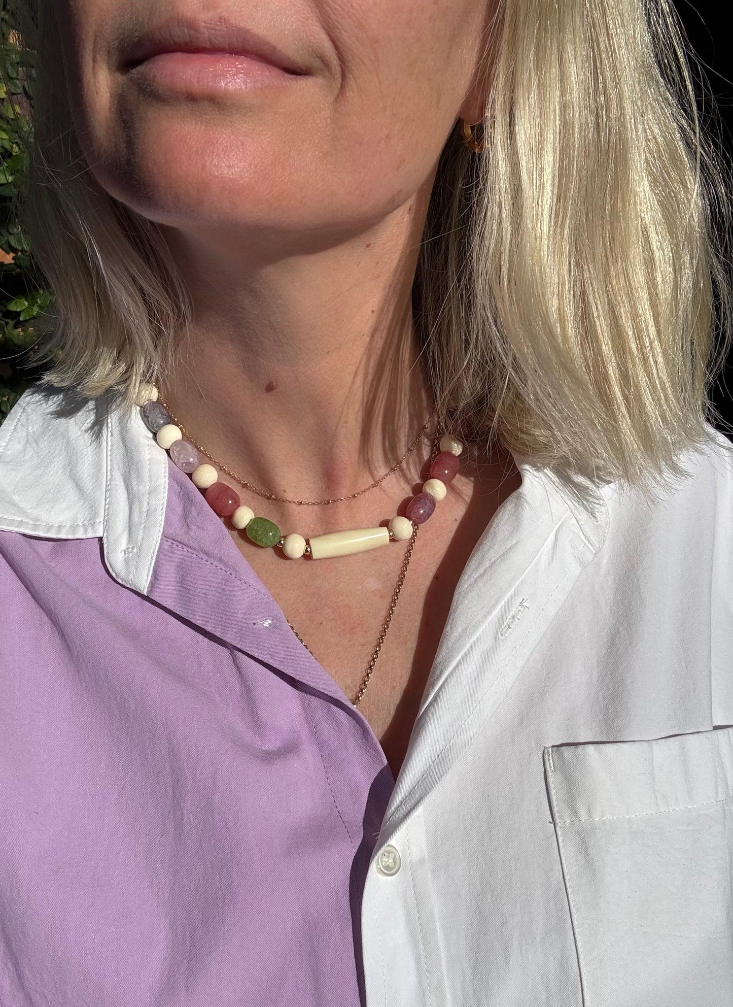 Colourful Jellybean glass and (re-purposed) bone beaded necklace