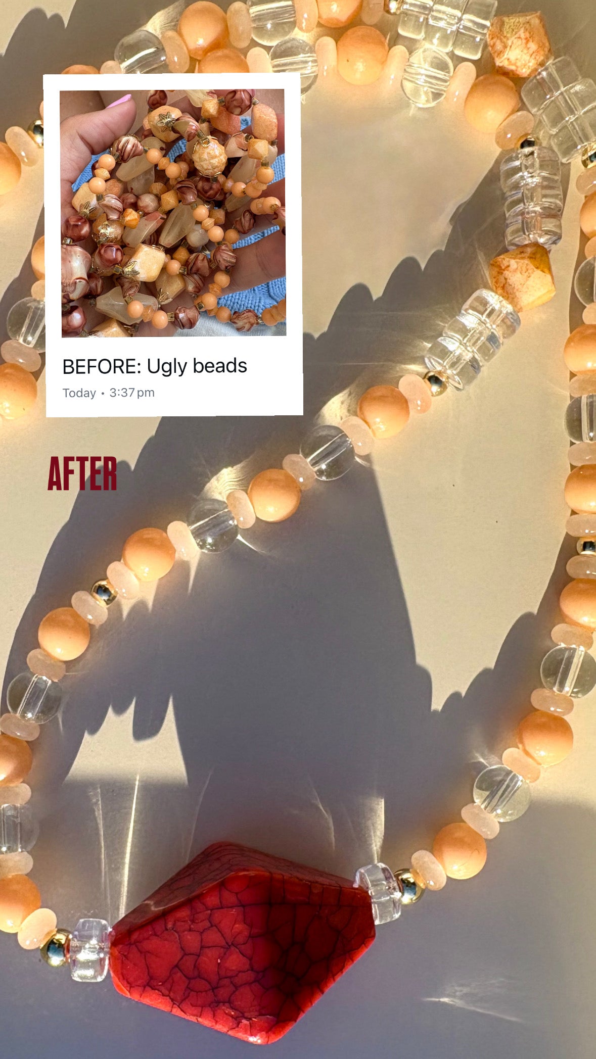 Peachy, glass beaded necklace with red geometric centerpiece