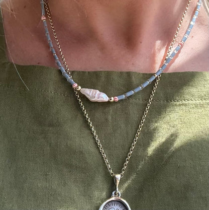 Fine blue tube bead necklace with stick pearl