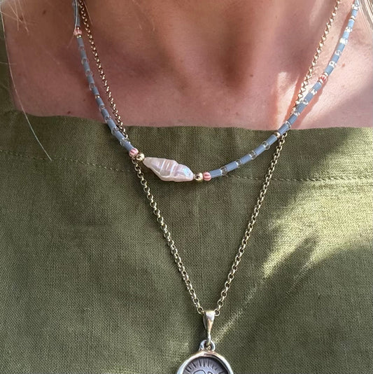 Fine blue tube bead necklace with stick pearl