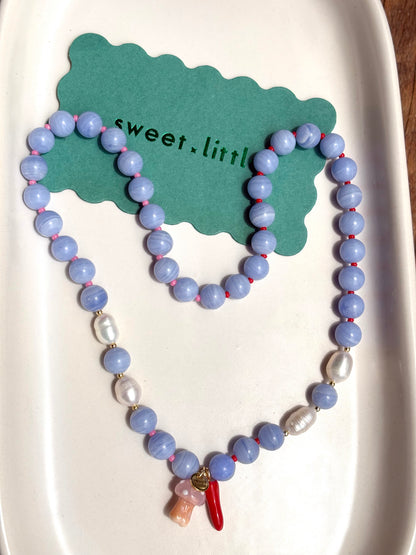 Toadstool + chilli charm blue beaded stone necklace