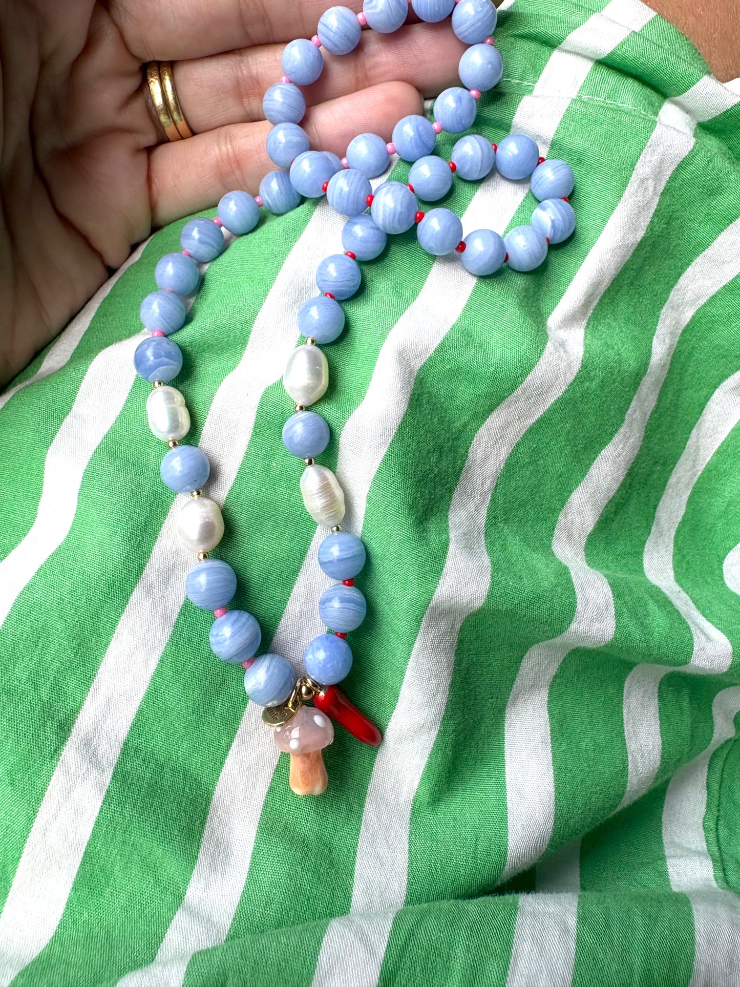Toadstool + chilli charm blue beaded stone necklace
