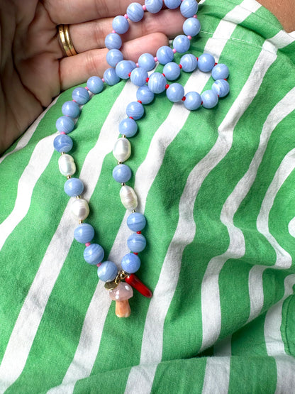 Toadstool + chilli charm blue beaded stone necklace