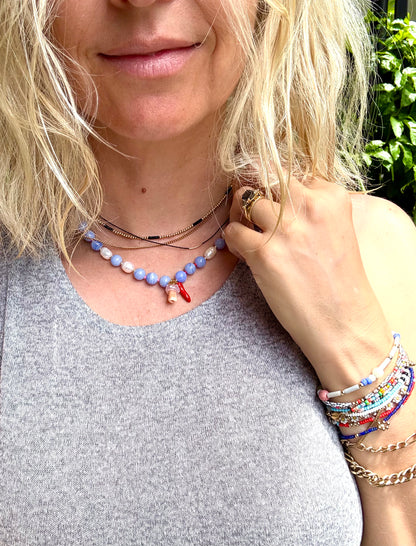 Toadstool + chilli charm blue beaded stone necklace