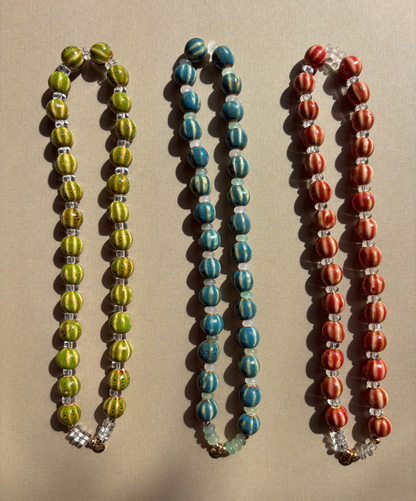 Striped ceramic and glass beaded necklaces