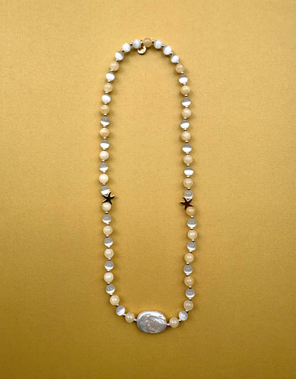 Flat pearl baroque necklaces with semi precious stones