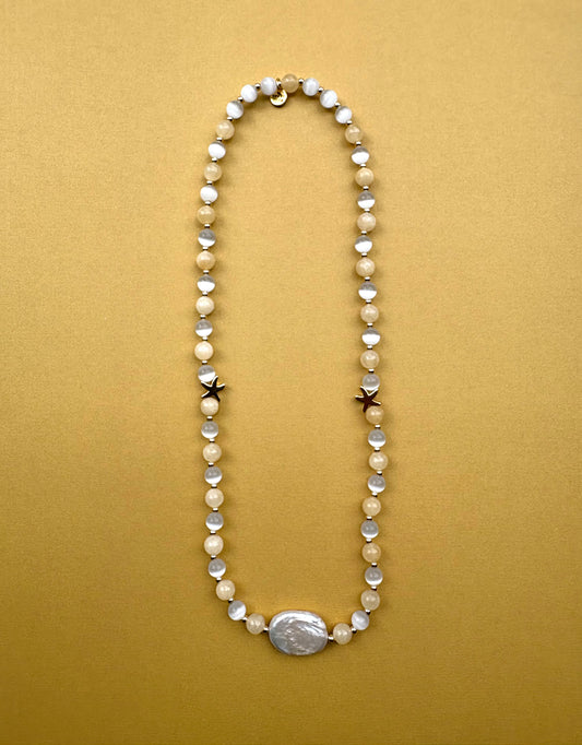 Flat pearl baroque necklaces with semi precious stones