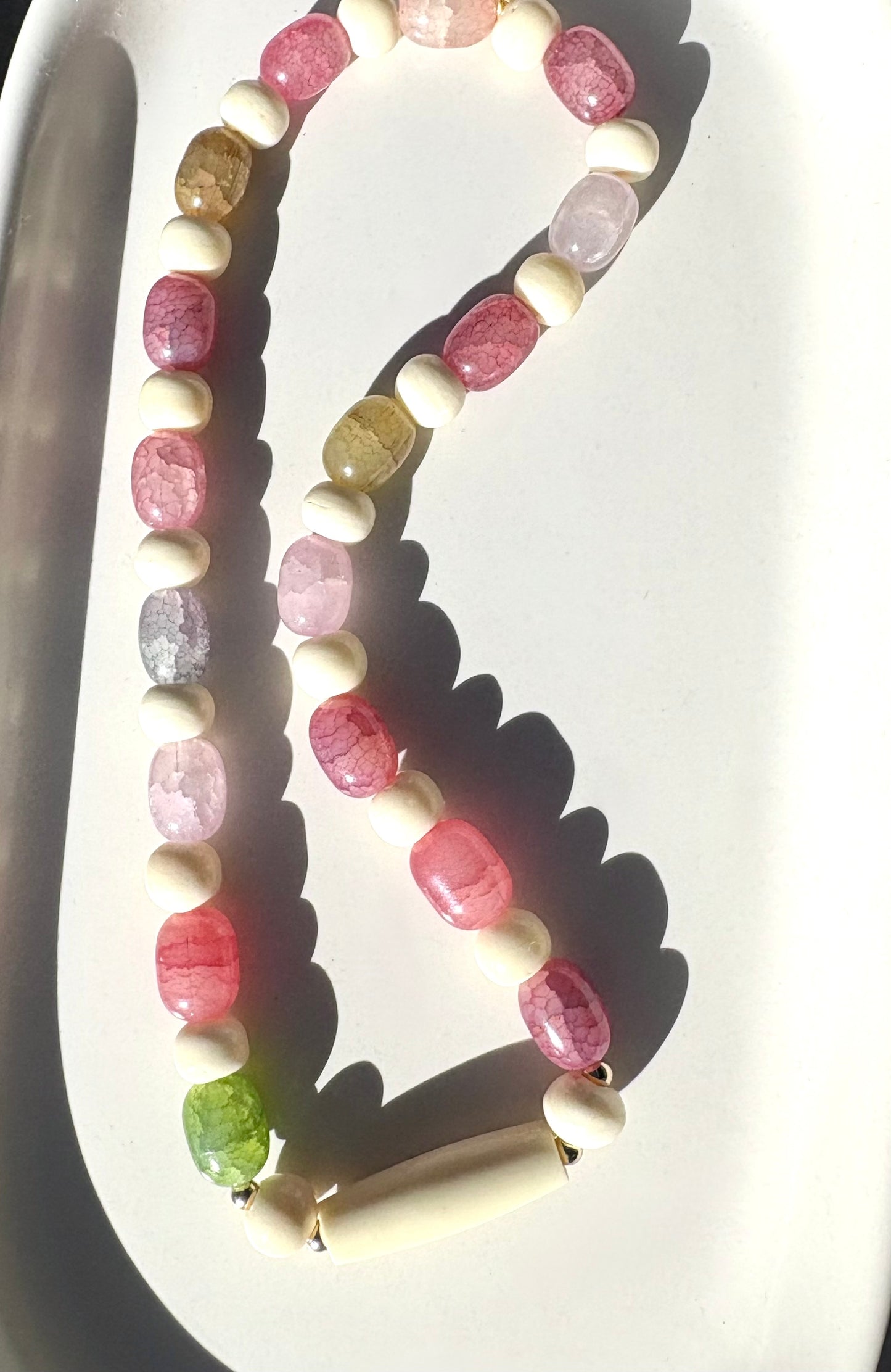 Colourful Jellybean glass and (re-purposed) bone beaded necklace