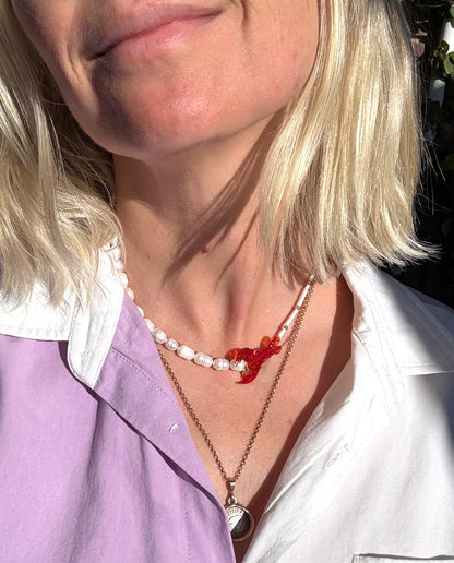 Pearl necklace with glass red lobster