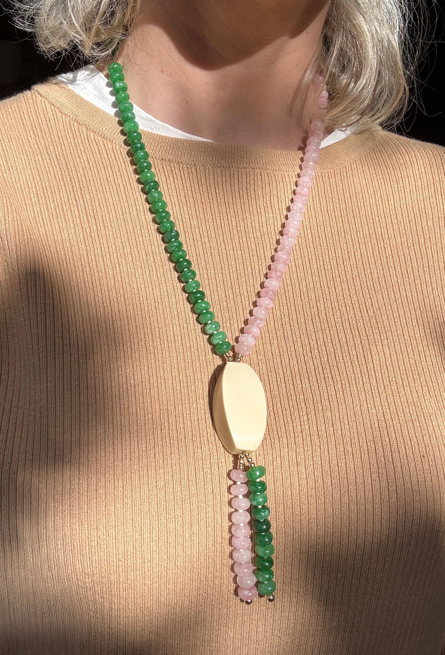 Colour block, rose quartz + olivine semi precious stone necklace with repurposed bone pendant