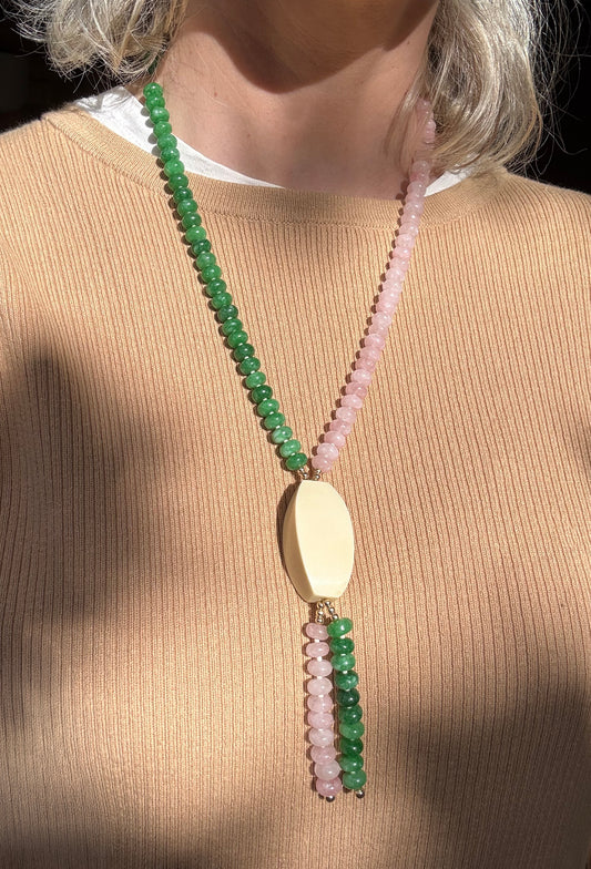 Colour block, rose quartz + olivine semi precious stone necklace with repurposed bone pendant