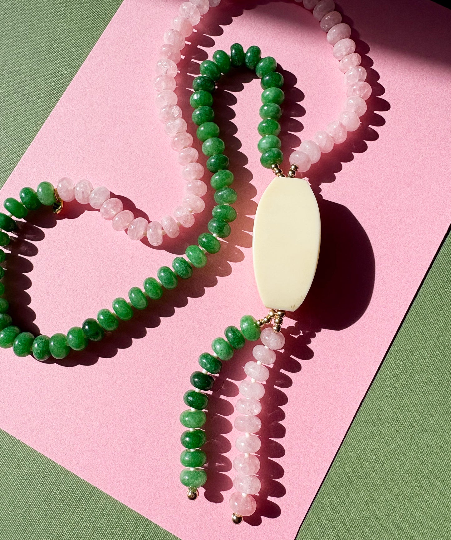 Colour block, rose quartz + olivine semi precious stone necklace with repurposed bone pendant