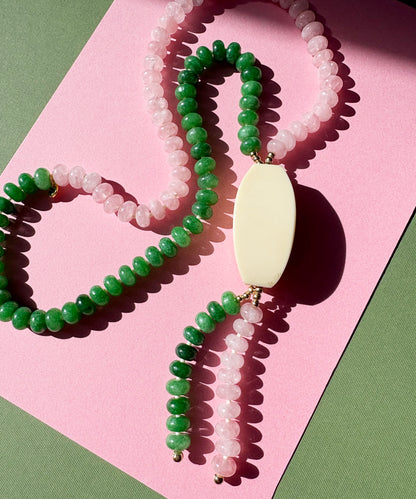 Colour block, rose quartz + olivine semi precious stone necklace with repurposed bone pendant
