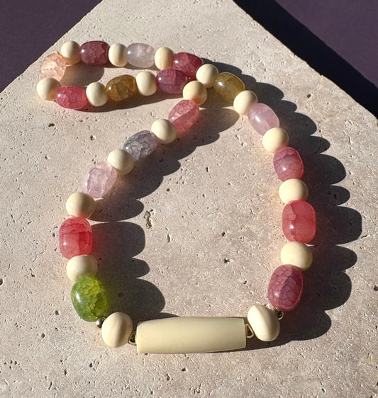 Vintage bone beaded necklace with colourful glass jellybean beads.