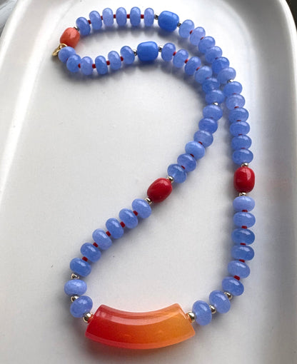Firey orange and blue beaded necklace