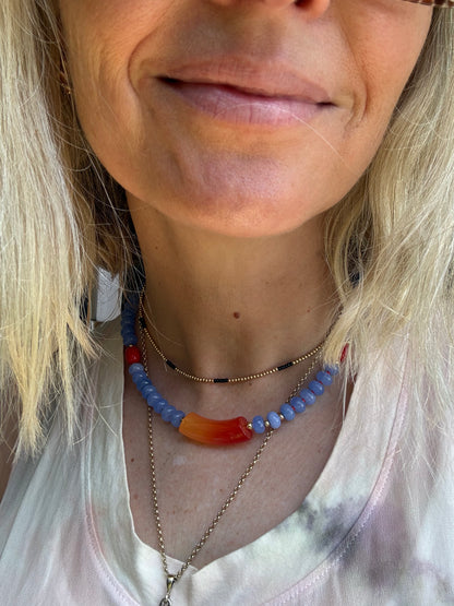 Firey orange and blue beaded necklace