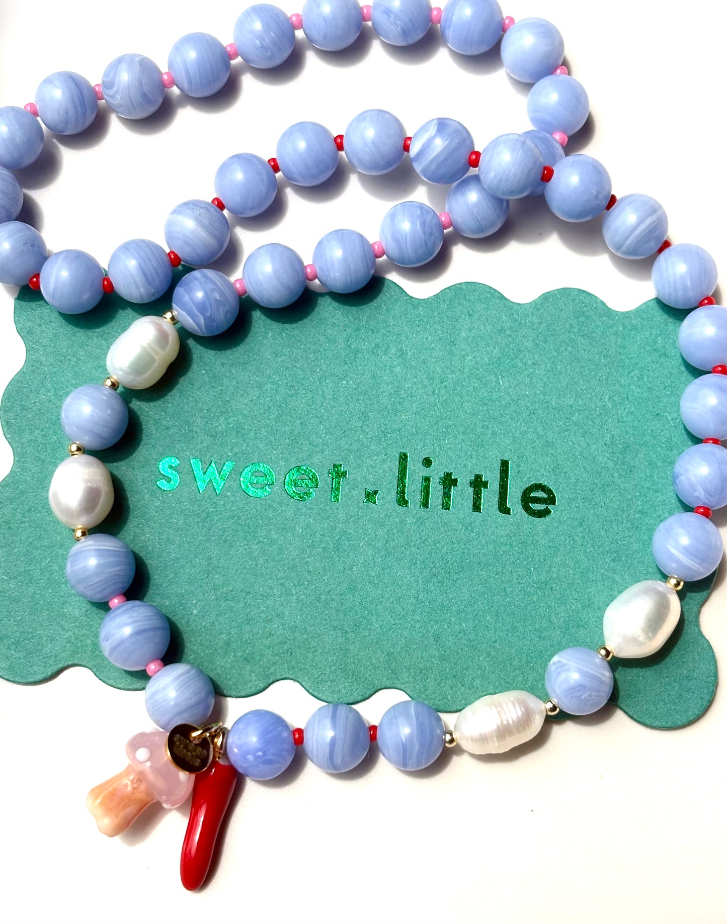 Toadstool + chilli charm blue beaded stone necklace